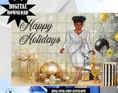 Christmas Cards Digital , Printable Cards, Holiday Cards, African American, Black Women, Black Christmas Cards, Vertical folding card.