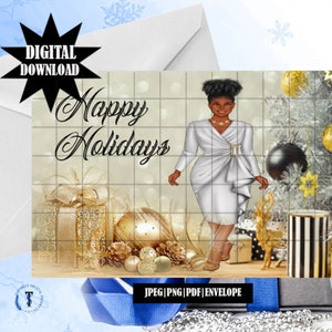 Weihnachtskarten Digital, druckbare Karten, Urlaubskarten, Afroamerikaner, schwarze Frauen, schwarze Weihnachtskarten, vertikale Faltkarte.