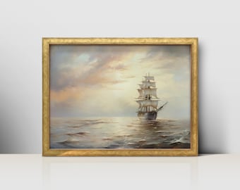 Majestic Full-Rigged Ship Sailing through Calm Foggy Waters | Vintage Wall Art & Digital Prints for Download