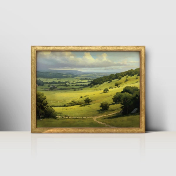 Vintage Mountain Landscape Art: Cloudy Sky, Tree, Grassland. Digital Print Download for Wall Decor, Printable Art.