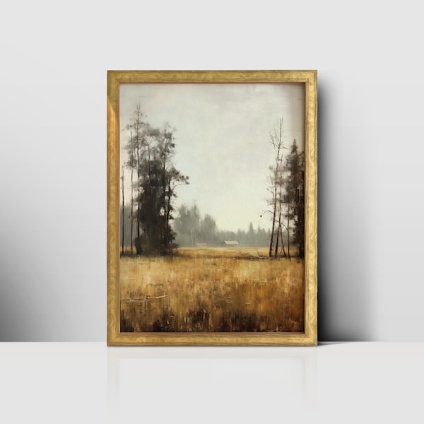 Serene Misty Landscape: Vintage Sky, Cloud, and Tree Print for Downloadable Art - Tranquil Woodland Wall Art