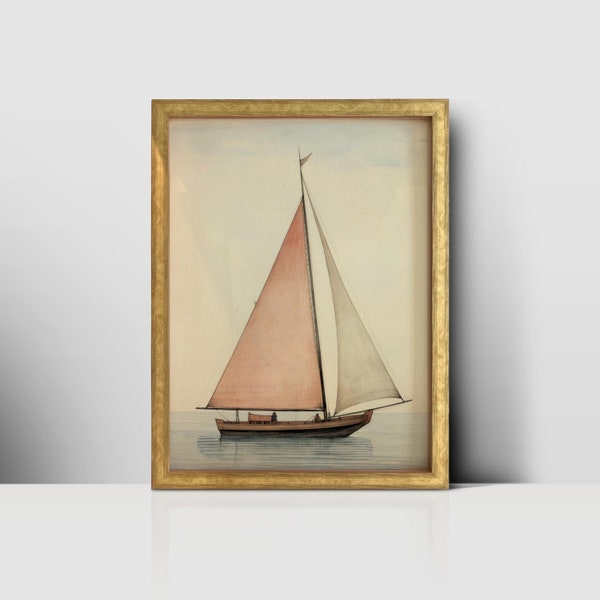 Vintage Sailboat Art: Nautical Wooden Boat on Water, Digital Print for Wall Decor - Instant Download
