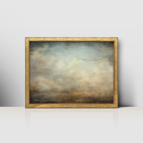 Cloud and Watercolor Landscape Art: Vintage Digital Print for Download - Grey Sky Rectangle Painting on Wood