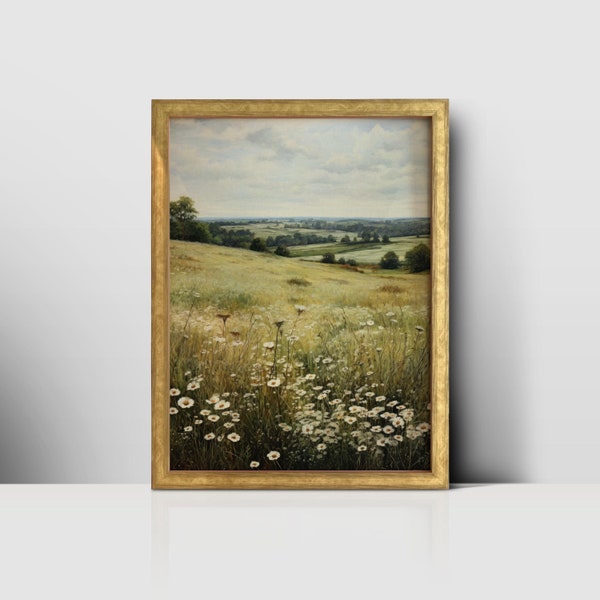 Vintage Landscape with Flower Field and Clear Sky - Printable Wall Art