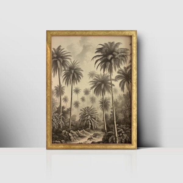 Symmetrical Palm Tree in Monochrome Sky - Vintage Printable Wall Art