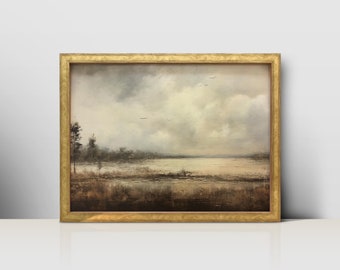 Serene Sky Landscape: Clouds, Trees, and Monochrome Grassland - Digital & Printable Wall Art