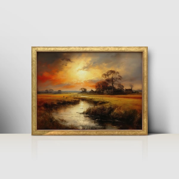 Sunset Art: Vibrant Sunrise Over a Natural Landscape with Trees and Clouds - Printable Vintage Wall Art Download