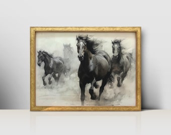 Mooi paardenschilderij: majestueuze hengst en sierlijke merrie in een rustig landschap - Fine Art Print, digitale download