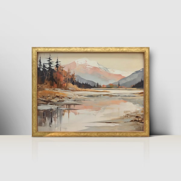 Sunrise Over Mountain Range: Digital Download of a Watercolor Lake Landscape Painting with Larch Trees