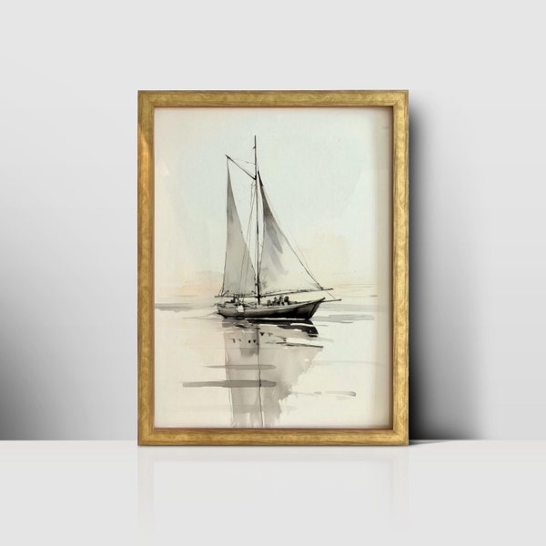 Vintage Boot Druck | Maritime Wandkunst Download | Segelboot auf See | Monochrome Segelschiff Malerei | Digitaldrucke