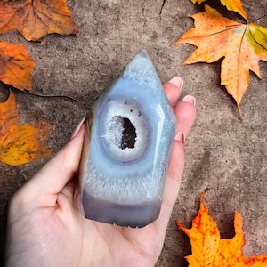 Large Banded Agate Tower w/ Sparkly Quartz Druzy / Agate Tower / Quartz Tower / Crystal Gift / Home Decor