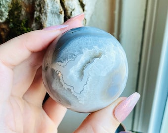 High Quality Moss Agate Sphere w Sparkly Druzy Pocket / Crystal Sphere Home Decor