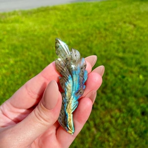 May include: A carved labradorite gemstone in the shape of a feather, held in a hand. The stone displays iridescent colors of blue, gold, and green. The background is blurred, showing green grass and a road.