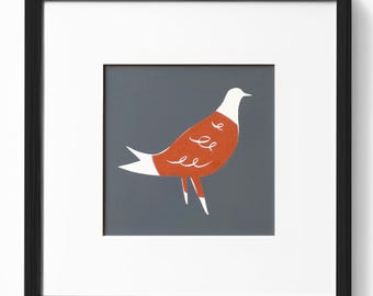 Stampa su linoleum raffigurante un piccione: opera d'arte astratta con uccelli da appendere al muro.