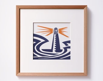 Linoleografia raffigurante un faro, stampata a mano: opera d'arte astratta con paesaggio marino da appendere al muro.