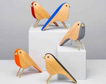 Ornamento a forma di uccello in quercia, realizzato a mano: becco in ottone, stile scandinavo.