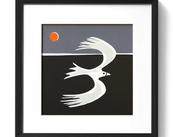 Stampa artistica originale su linoleum: Paesaggio astratto con uccelli del Regno Unito, arte moderna da parete.