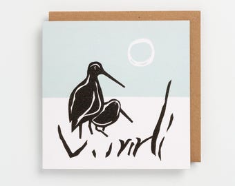 Two Snipe bird art greeting card - abstract and minimal. Blank inside ( 15cm square )
