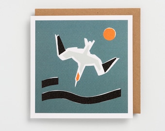 Diving Gannet bird art greeting card - abstract and minimal. Blank inside ( 15cm square )