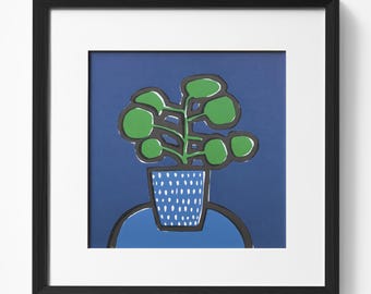 Stampa originale su linoleum: Pilea, pianta d'appartamento - Stampa botanica a rilievo