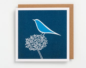 Blue bird art greeting card - abstract and minimal. Blank inside ( 15cm square )