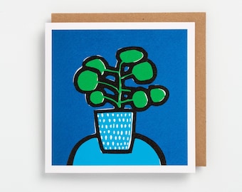 Pilea plant art greeting card - abstract and minimal. Blank inside ( 15cm square )