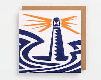 Lighthouse art greeting card - abstract and minimal. Blank inside ( 15cm square )