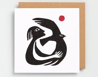 Figure and bird greeting card - abstract and minimal. Blank inside ( 15cm square )