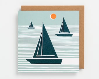 Three boats art greeting card - abstract and minimal. Blank inside ( 15cm square )