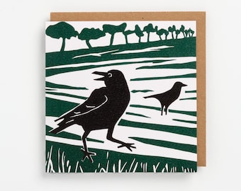 Two crows art greeting card - abstract and minimal. Blank inside ( 15cm square )