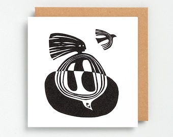 Folk art bird greeting card - abstract and minimal. Blank inside ( 15cm square )