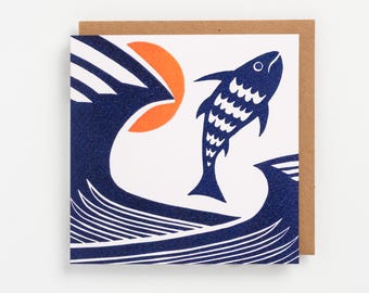 Leaping fish art greeting card - abstract and minimal. Blank inside ( 15cm square )