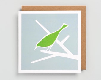 Green bird art greeting card - abstract and minimal. Blank inside ( 15cm square )