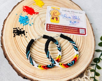 Black Dusk Pattern Handmade Beaded Hoop Earrings, Native American Beaded Earrings, Hoop Earrings Beaded, Beaded Earrings Native