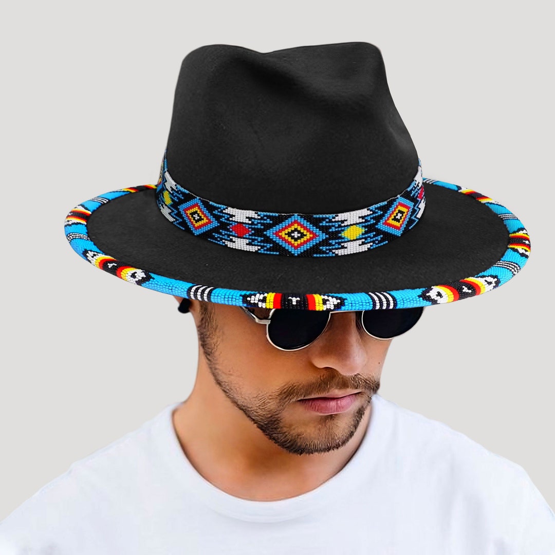 Payette Pattern Beaded Hatband Full Brim Fedora, Native American