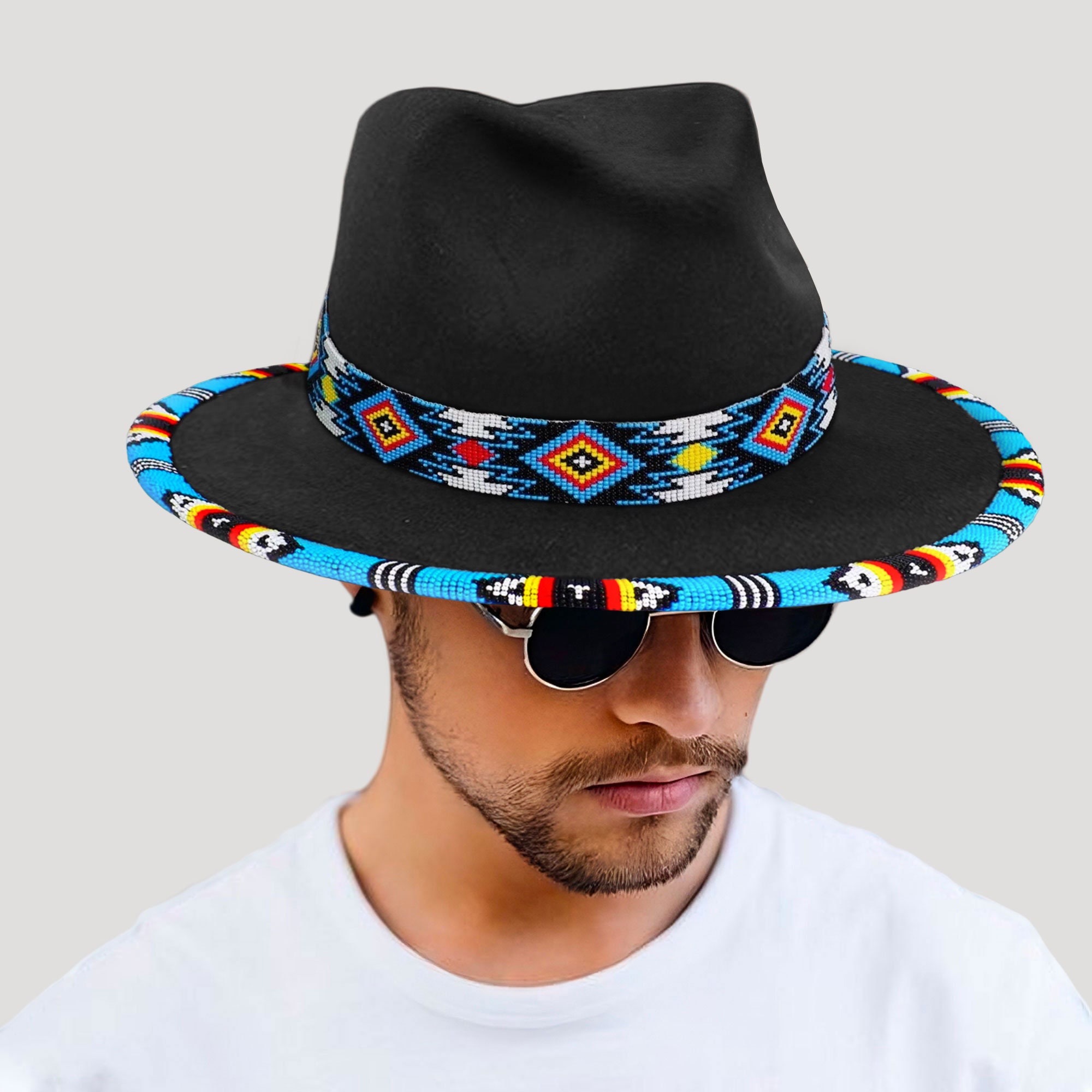 Payette Pattern Beaded Hatband Full Brim Fedora, Native American