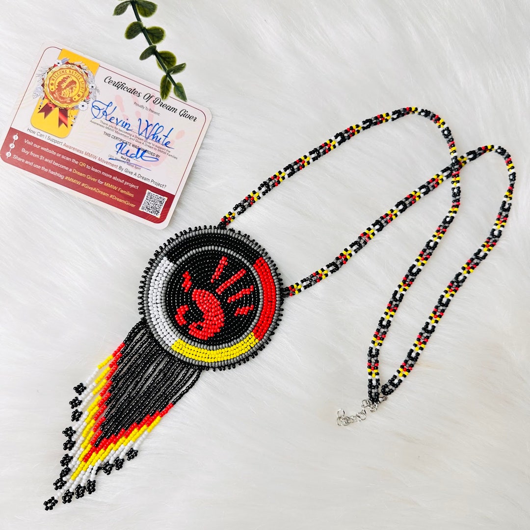 MMIW Handmade Beaded Necklace, Native Americans Jewelry, Medallion Beaded Necklace, Native