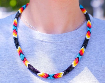 Black Dusk Pattern Handmade Beaded Necklace, Native Americans Jewelry, Native Style Necklace, Native Americans Inspired Beaded Necklace