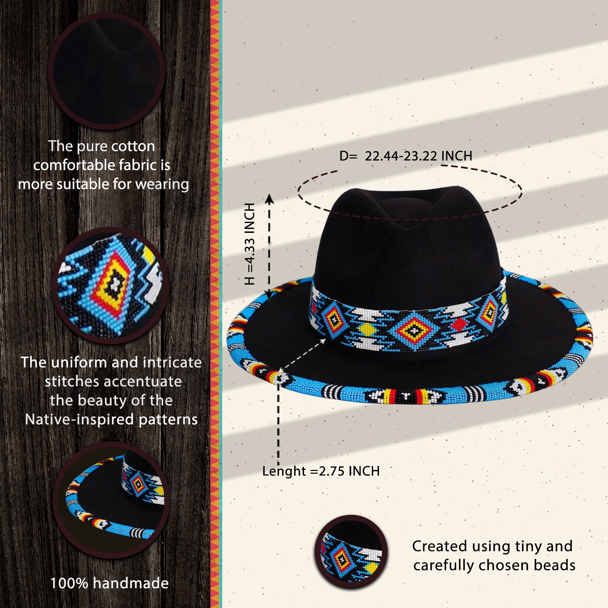 Payette Pattern Beaded Hatband Full Brim Fedora, Native American