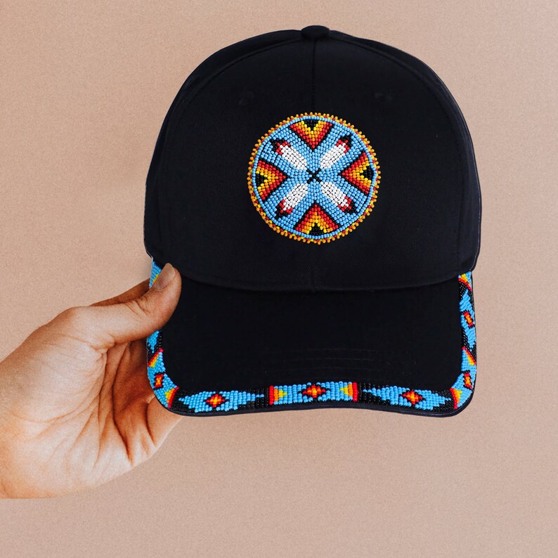 Native American Four Feather Handmade Beaded Patch Brim Trucker Cap