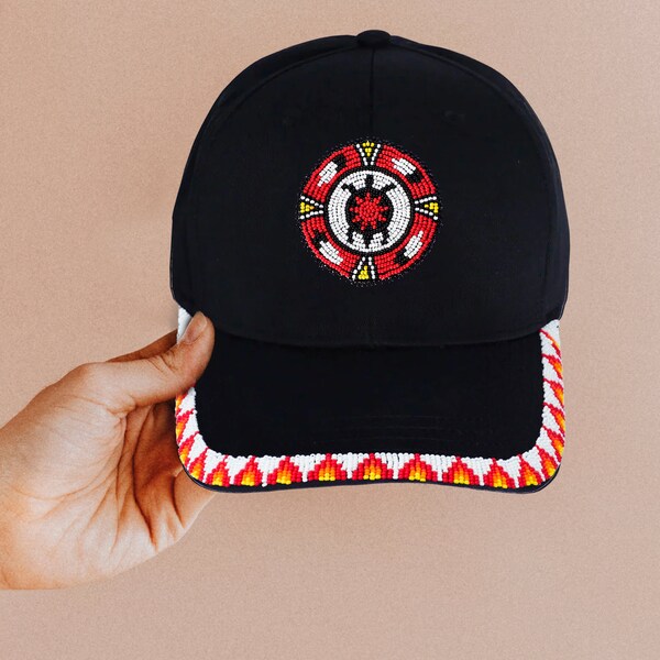 Native American Red Turtle Handmade Beaded Patch Brim Trucker Cap, Handmade Unisex Hat, Beaded Trucker Hat, Native American Cap