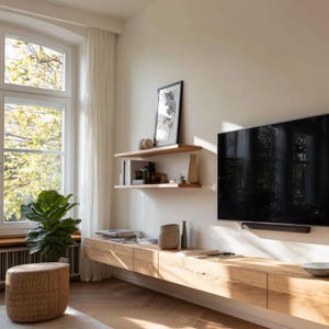 May include: A modern living room with a large flat-screen TV, floating wooden shelves, and a low wooden cabinet. A woven ottoman and a potted plant sit near a large window with sheer curtains. The room has a neutral color palette.