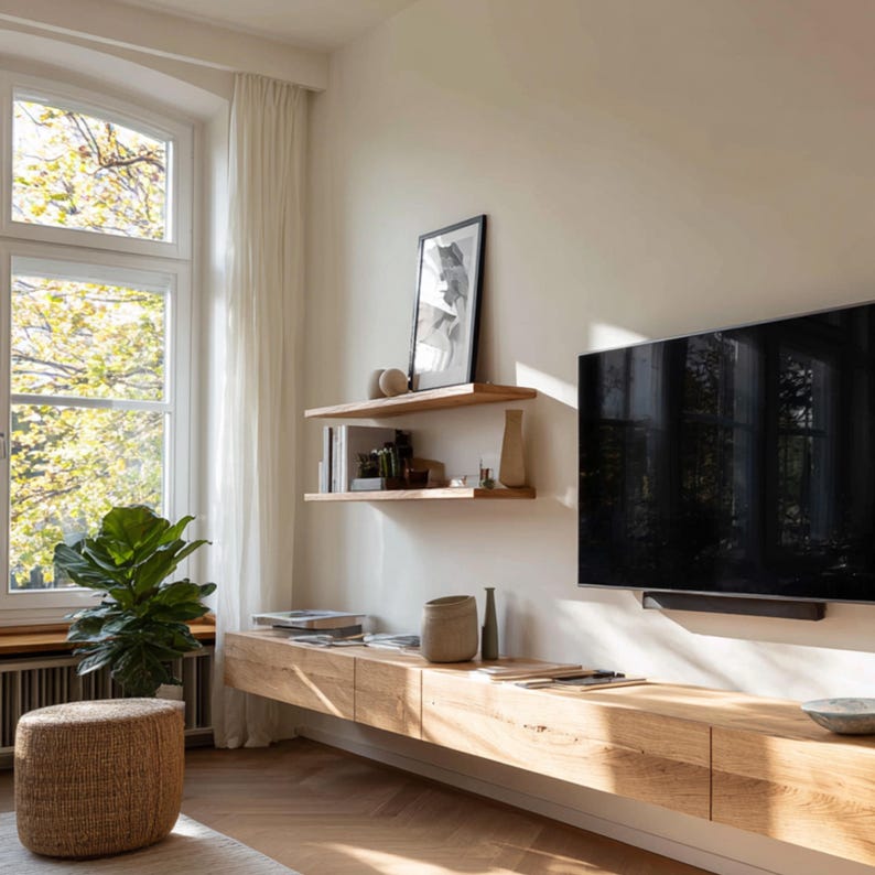 May include: A modern living room with a large flat-screen TV, floating wooden shelves, and a low wooden cabinet. A woven ottoman and a potted plant sit near a large window with sheer curtains. The room has a neutral color palette.