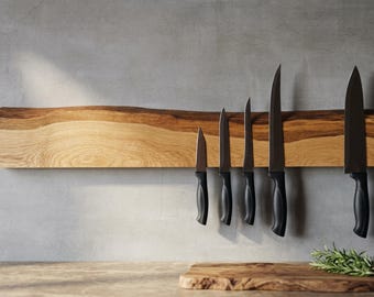 Magnetische Messerleiste Eiche massiv | natürliche Baumkante | starke Magnete | platzsparende Wandmontage