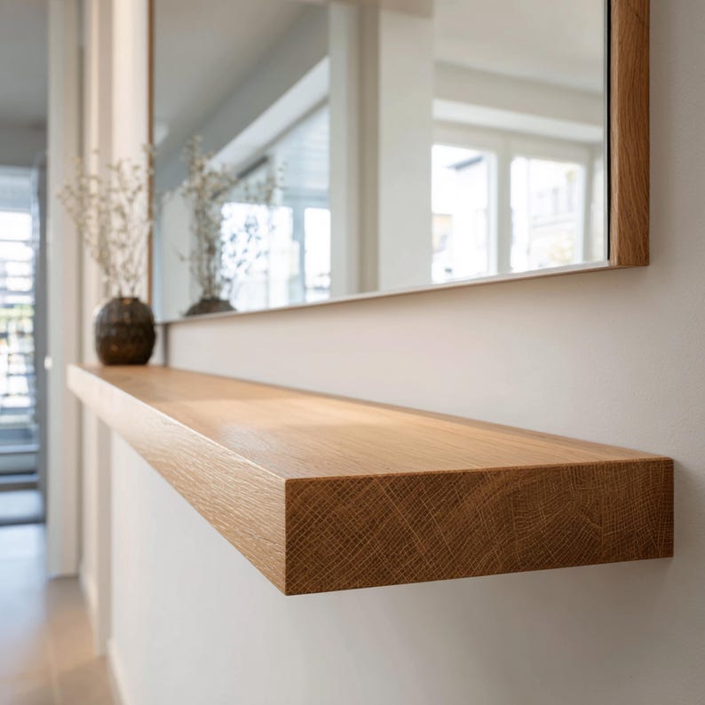 May include: A rectangular, light-brown wooden shelf mounted on a white wall, with a mirror above. The shelf is made of solid wood and has a natural grain pattern. A decorative vase with dried flowers sits on the shelf.