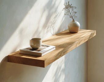 Mensola sospesa da parete, rovere massello | bordo dritto | staffa invisibile | realizzata a mano | oliata o naturale