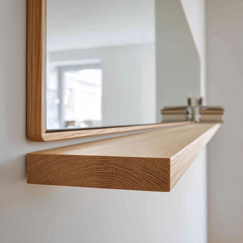 May include: A rectangular wooden framed mirror with a matching shelf. The mirror and shelf are made of light-colored wood, possibly oak, and are mounted on a white wall. The shelf is approximately 30 inches long.