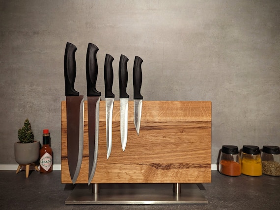 Knife block made of solid, glued oak - magnetic on both sides - on high-quality stainless steel - stylish Christmas gift for him & her