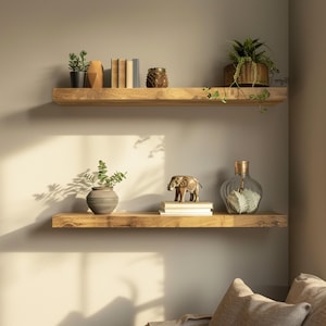May include: Two wooden floating shelves with decorative items. The top shelf holds potted plants, books, and a woven basket with greenery. The bottom shelf displays a vase, a small elephant figurine, and books. The shelves are mounted on a neutral-colored wall.