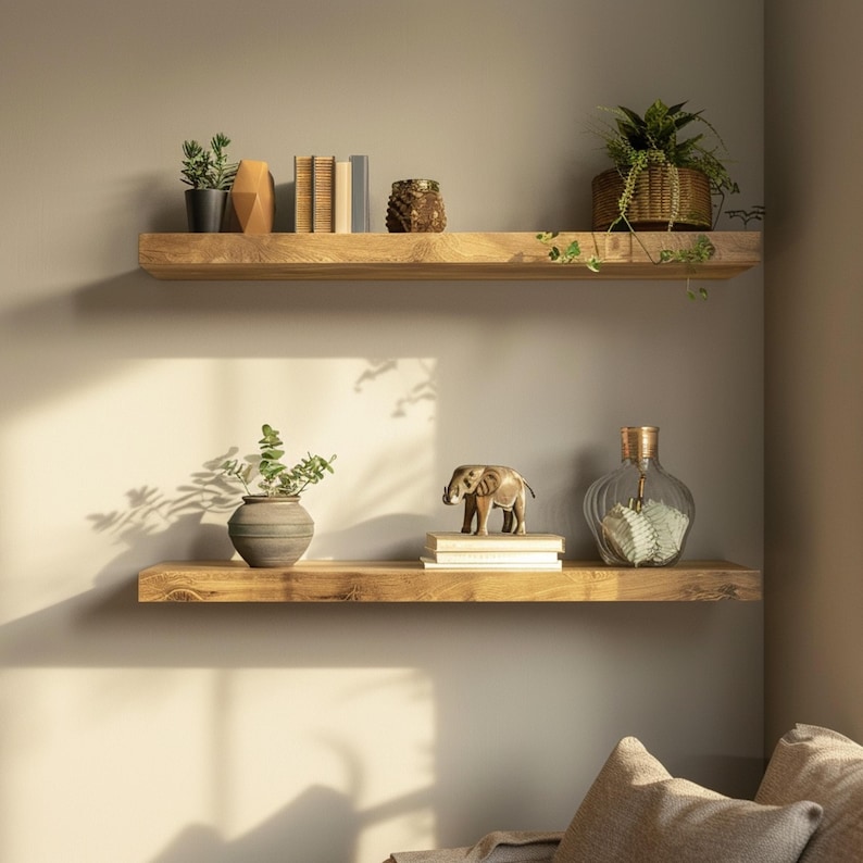 May include: Two wooden floating shelves with decorative items. The top shelf holds potted plants, books, and a woven basket with greenery. The bottom shelf displays a vase, a small elephant figurine, and books. The shelves are mounted on a neutral-colored wall.